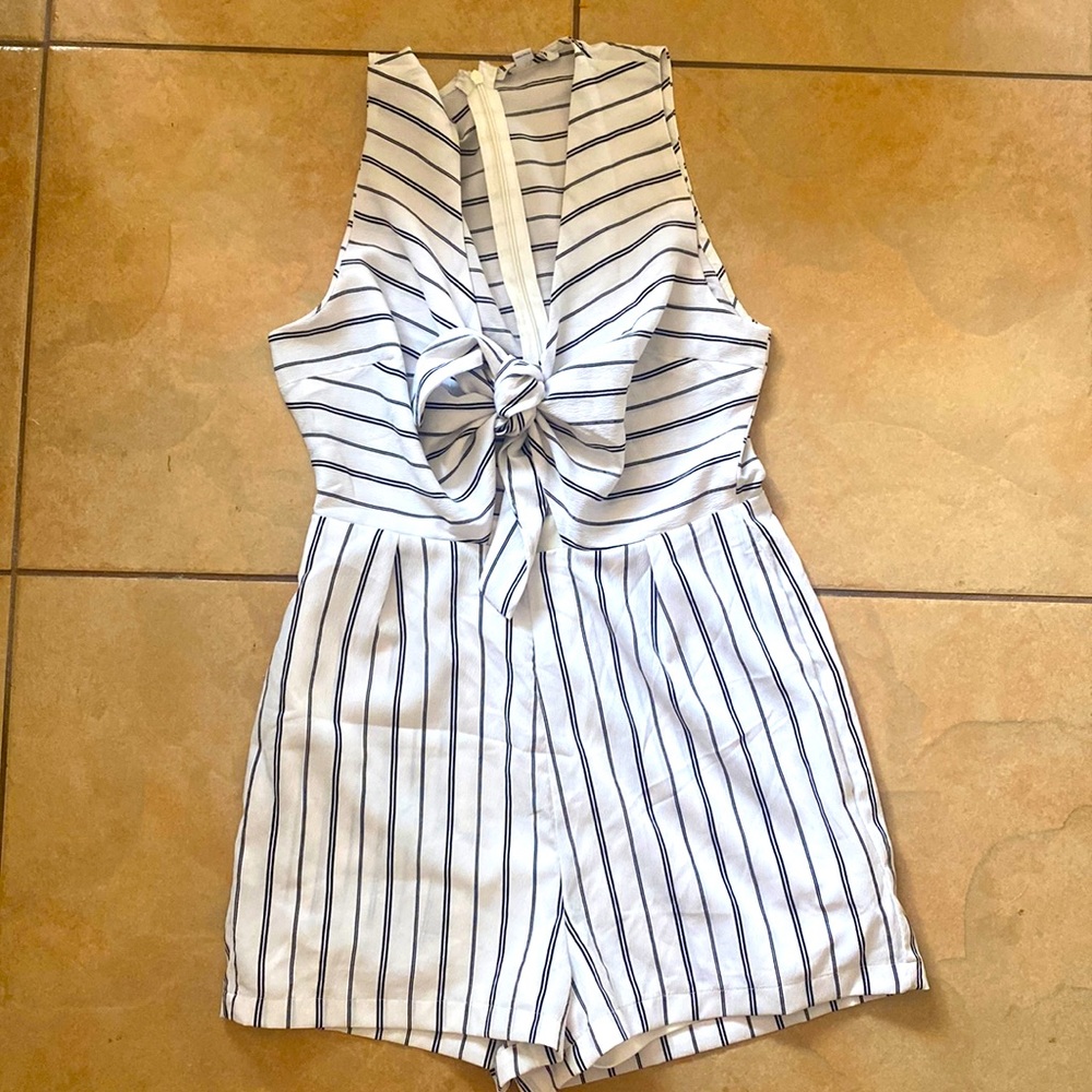 White & Black tie front Romper